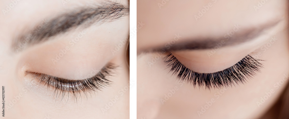 Naklejka premium Eyelash extension procedure before and after. Beautiful woman with long lash in beauty salon