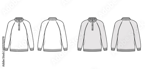 Polo Sweater technical fashion illustration with rib henley neck, long raglan sleeves, oversized, hip length, knit trim. Flat jumper apparel front, back, white grey color style. Women, men CAD mockup