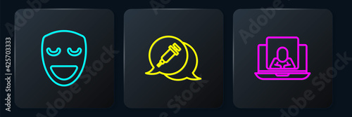 Set line Comedy theatrical mask, Psychologist online and Addiction to drug. Black square button. Vector