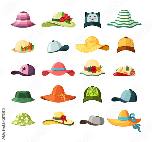 Wide brimmed hats and caps set. Stylish baseball with long visor bright red headdress blue ribbon green elegance accessory with bouquet of lush flowers striped yellow straw. Vector fashion.