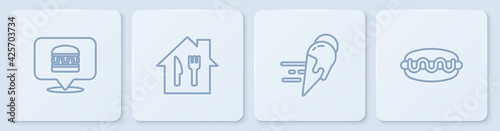 Set line Online ordering burger delivery, ice cream, and and Hotdog sandwich. White square button. Vector