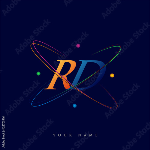 initial letter RD logotype science icon colored blue, red, green and yellow swoosh design. vector logo for business and company identity.