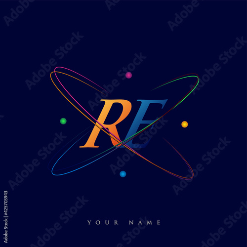 initial letter RE logotype science icon colored blue, red, green and yellow swoosh design. vector logo for business and company identity.