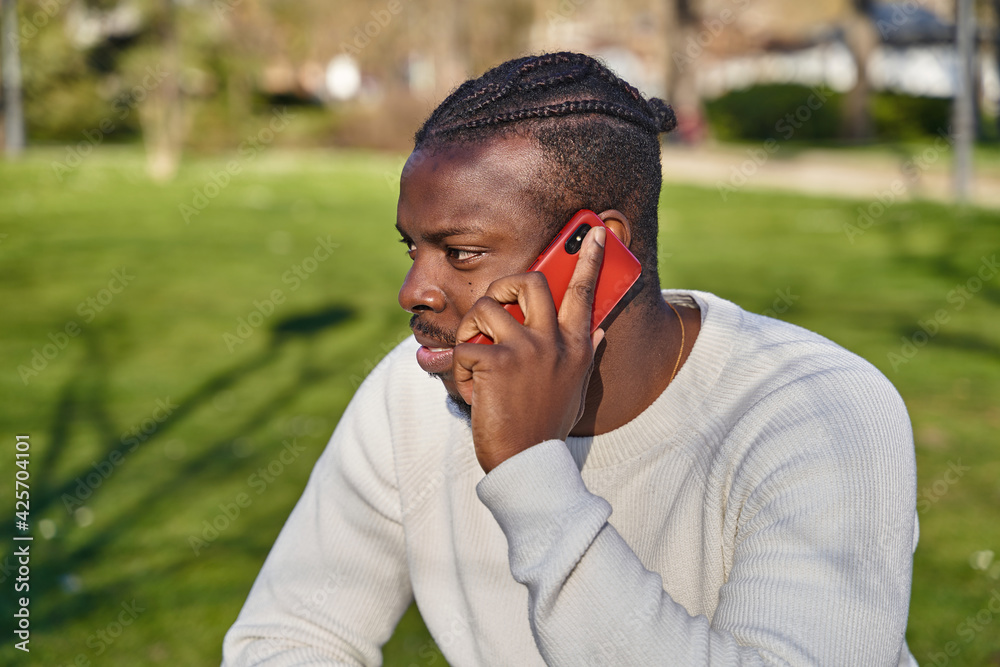 Portrait of young African American man talking on cell phone in a park. Black man with braids in his hair. Portrait of young African American man talking on cell phone in a park. Black man with braids in his hair.