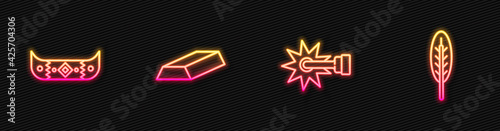 Set line Spur, Kayak or canoe and paddle, Gold bars and Indian feather. Glowing neon icon. Vector