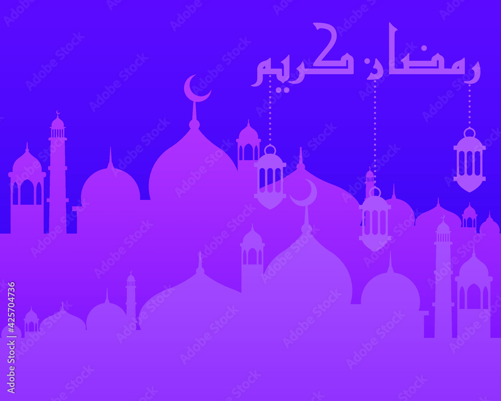 Purple Ramadan Kareem Flat Banner Template for Landing Page, Ads, Advertising, Greeting Card, Poster, and Others Media Promotion. Islamic Eid Fitr or Adha Flat Design Vector Illustration.