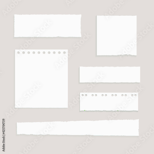 Vector Set  of Torn Papers, Memo Stickers on Transparent Background, White Pages.
