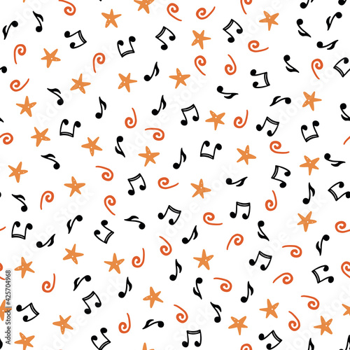 Hand drawn seamless pattern of musical notes. Flat sketch style. Isolated vector illustration for for musical instrument store  music festival background  textile  wallpaper  fabric.