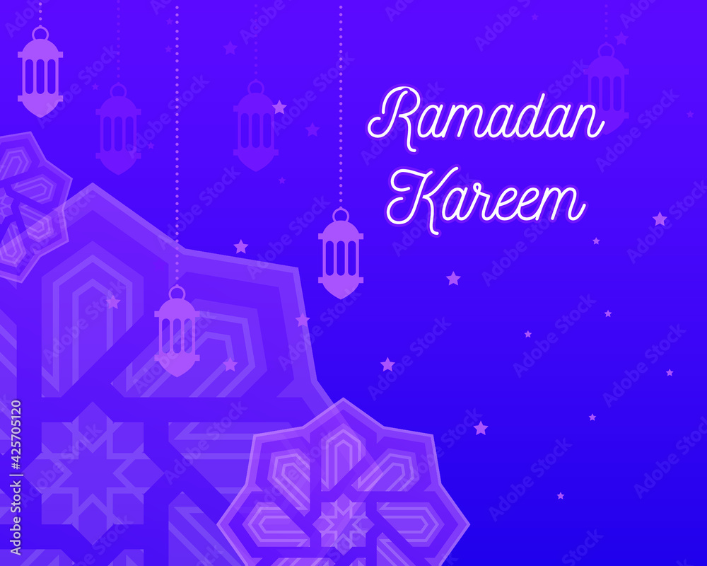 Purple Ramadan Kareem Flat Banner Template for Landing Page, Ads, Advertising, Greeting Card, Poster, and Others Media Promotion. Islamic Eid Fitr or Adha Flat Design Vector Illustration.