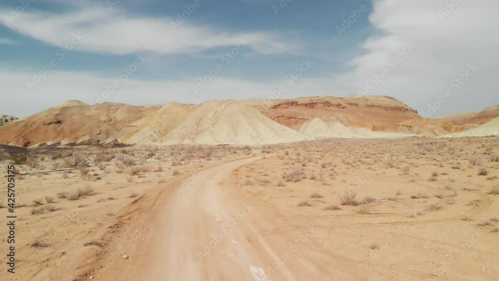 Drone shot of canyon desert mountains Aktau in Kazakhstan Drone shot of canyon desert mountains Aktau in Kazakhstan
