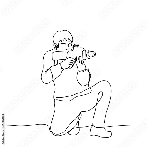 man is on one knee holding a firearm - one line drawing. concept of paintball shooter aiming through the peephole of the rifle