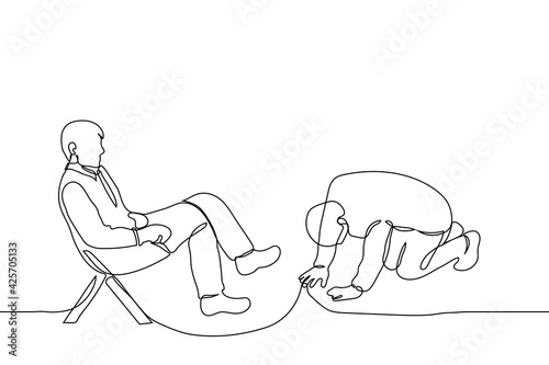 man on his knees bows to another who is sitting in a chair with his legs crossed - one line drawing. the concept of slave worship before an influential fearsome authority