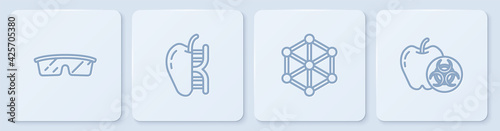 Set line Laboratory glasses, GMO, Genetically modified apple and . White square button. Vector