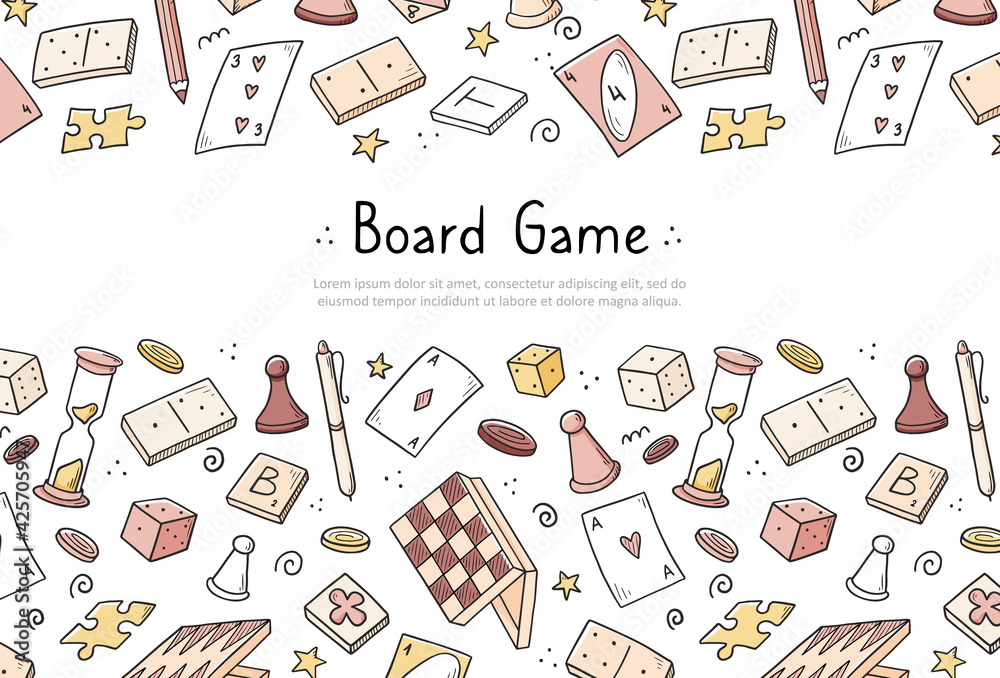 Hand drawn website banner template with of board game element. Doodle sketch style. Vector illustration for board game shop, store background, game competition banner, frame