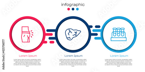 Set line Abdominal bloating, Hepatitis virus and Test tube with blood. Business infographic template. Vector