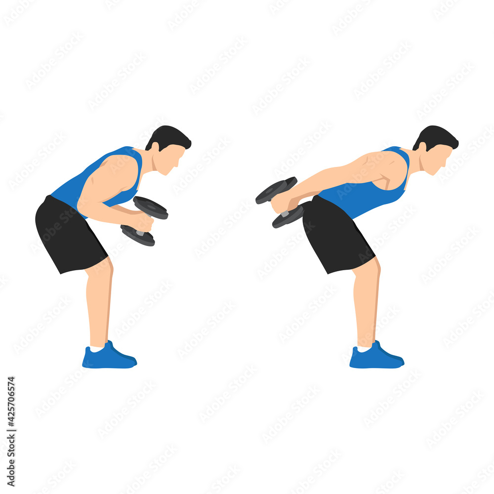 Man doing bent over double arm tricep kickbacks exercise flat vector illustration isolated on white background Man doing bent over double arm tricep kickbacks exercise flat vector illustration isolated on white background