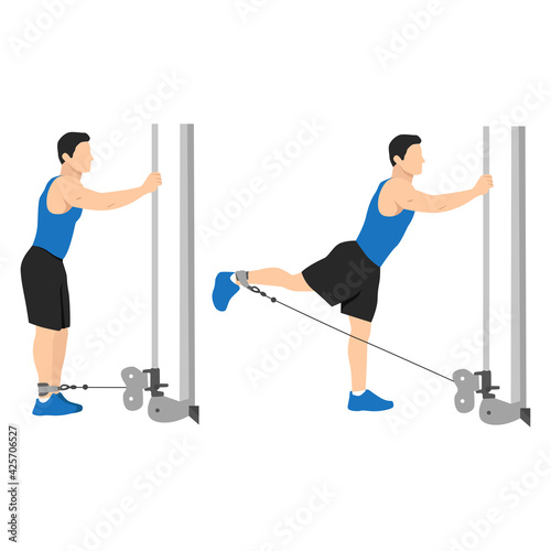 Man doing cable hip extensions flat vector illustration isolated on white background exercise