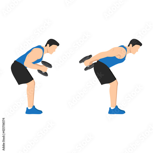 Man doing bent over double arm tricep kickbacks exercise flat vector illustration isolated on white background