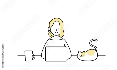 自宅のリビングで猫とリモートワークする女性のイラスト