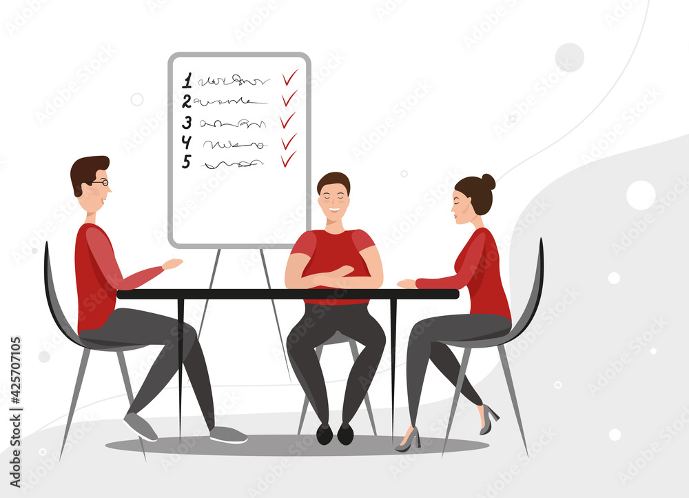 Meeting in the office at the table. Getting a job, discussing the results. Three employees communicate at the table. Vector flat business illustration.