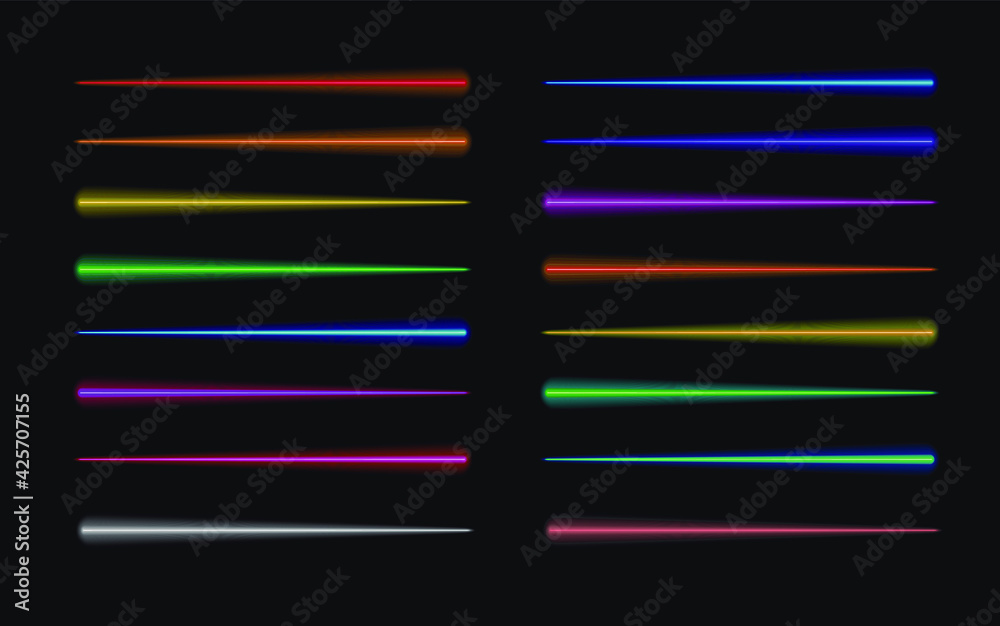 Vector Motion Lights, Abstract Glow in the Dark Lines, Rainbow Colors, Isolated on Black Background Set, Dynamic Lights.
