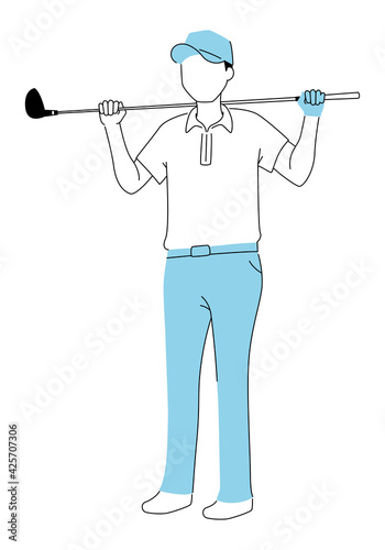 スポーツのゴルフのイラスト。ゴルフクラブを持ってストレッチをしてる男性。