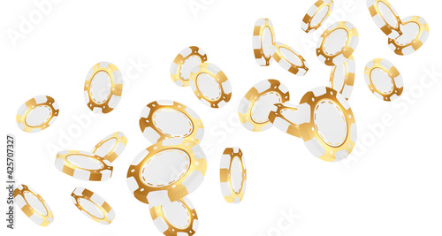 Falling golden with white poker chips, tokens on white background. Vector illustration for casino, game design, flyer, poster, banner, web, advertising.