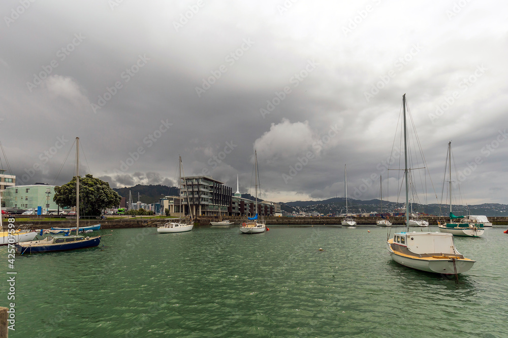 Fototapeta premium Wellington, New Zealand - December 01, 2019: Sail boats in the marina at Oriental Bay in Wellington, New Zealand