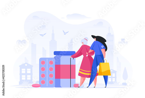 Flat style illustration of female medical worker in uniform supporting elderly woman and buying medicines together isolated on white background