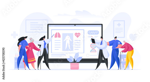 Flat design of vector image with professional doctors and nurses supporting elderly people and offering contemporary medical treatment on white background