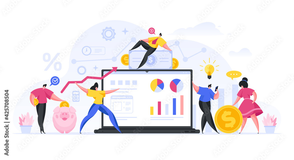 Vector design of simple illustration with people earning money while investing in online business among dollar coins and laptop on white background Vector design of simple illustration with people earning money while investing in online business among dollar coins and laptop on white background
