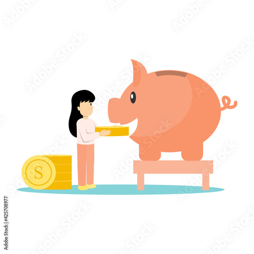 Girl feeding piggy bank with golden coin. Kid saving money concept.