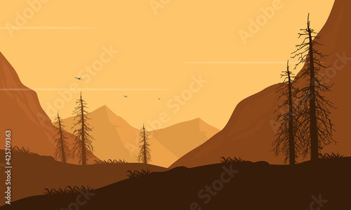 Beautiful yellow sky color with incredible mountain views at dusk. Vector illustration