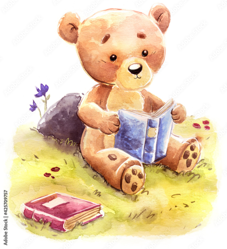 Teddy bear reading a book in the field Stock Illustration | Adobe Stock