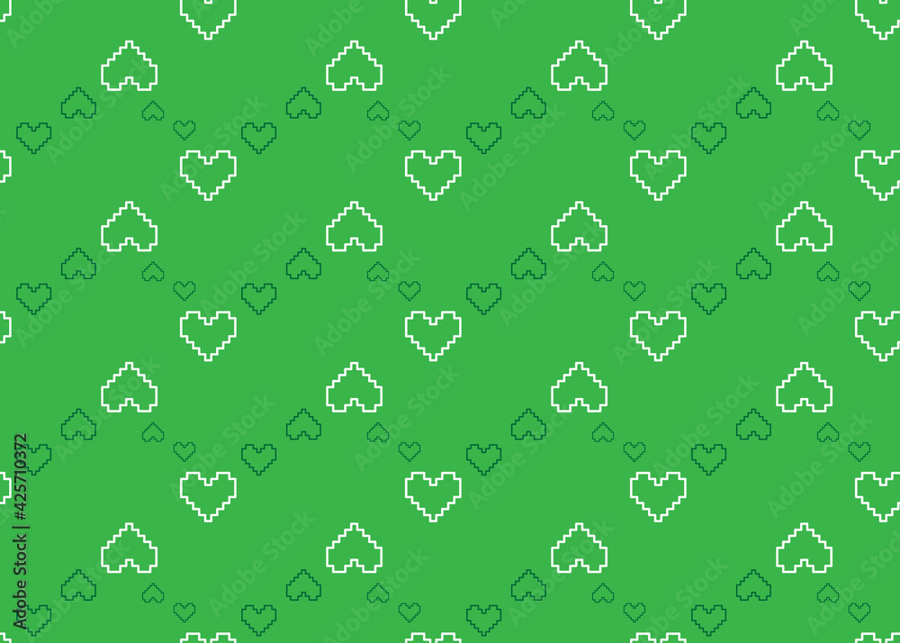Pixelated Hearts on a green background Geometric seamless pattern. For paper and fabric design. Pixelated Hearts on a green background Geometric seamless pattern. For paper and fabric design.