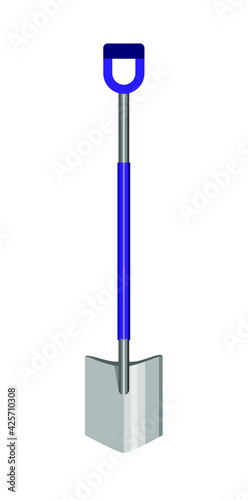 Metal shovel with blue handle on white background. Tools