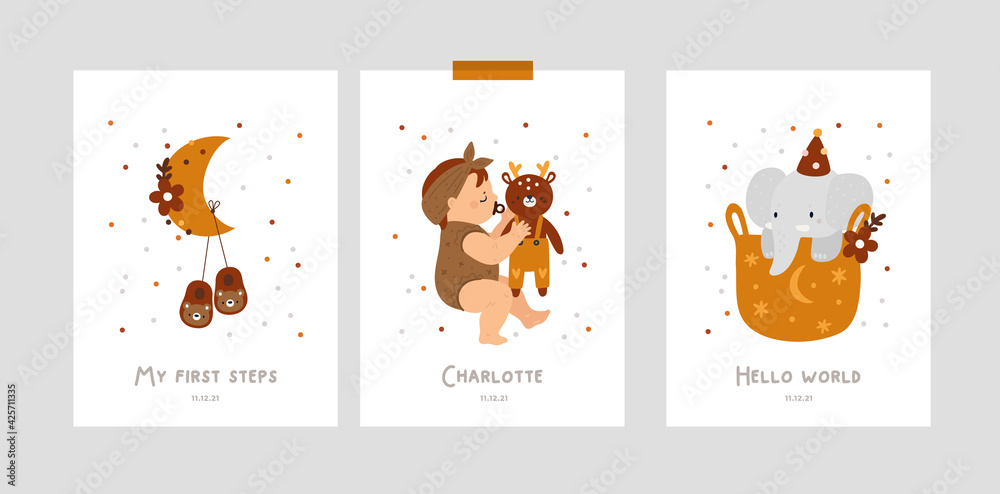 Baby milestone cards with cartoon characters for newborn girl or boy.  Nursery prints in boho style. Baby shower print capturing all the special  moments. Baby month anniversary card. Stock Vector | Adobe