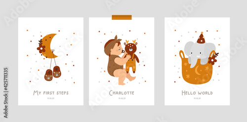 Baby milestone cards with cartoon characters for newborn girl or boy. Nursery prints in boho style. Baby shower print capturing all the special moments. Baby month anniversary card. 