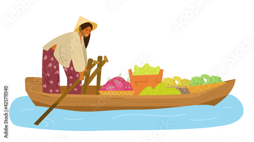 Asian Seller Wearing Traditional Conical Straw Hat Sitting Near Bike With Lots Of Wicker Baskets, Dishes And Hats. Flat Vector Illustration. 