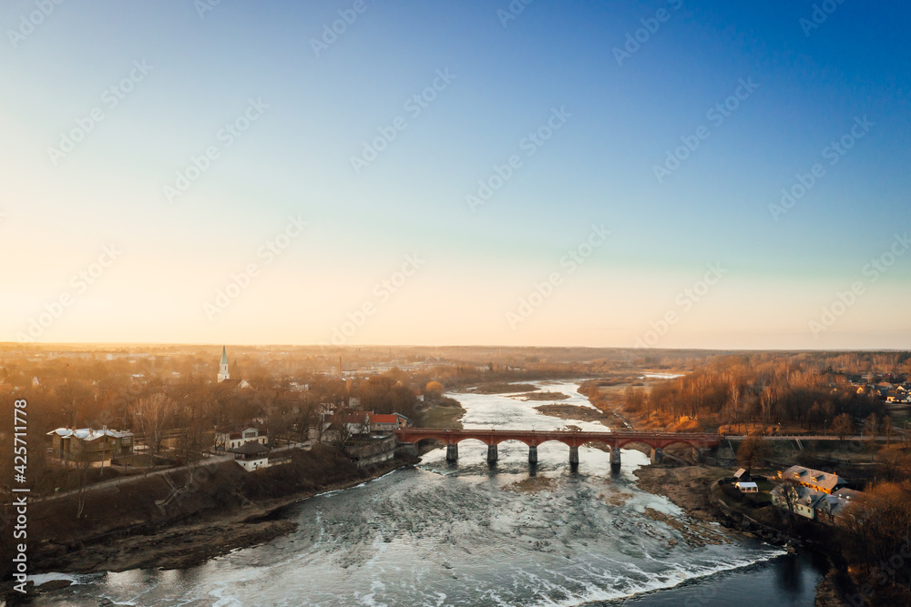 Aerial view of the Venta Rapid waterfall, the widest waterfall in Europe, Kuldiga, Latvia