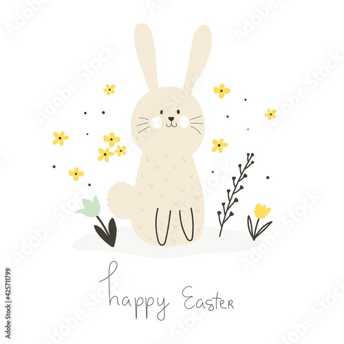 happy easter. cartoon bunny, flowers, hand drawing lettering. festive colorful vector illustration. Design for greeting cards, decoration posters, covers.