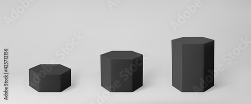 Black 3d hexagon podium set with perspective isolated on grey background. Product podium mockup in hexagon shape, pillar, empty museum stages or pedestal. 3d basic geometric shape vector illustration