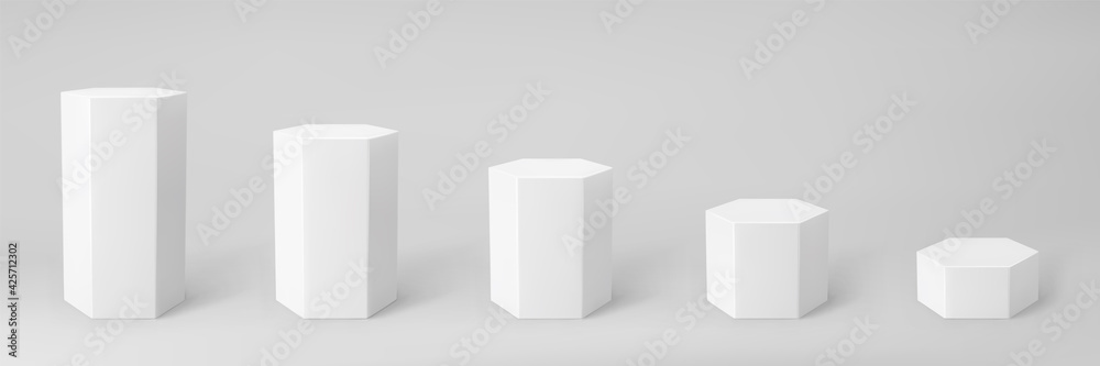 White 3d hexagon podium set with perspective isolated on grey background. Product podium mockup in hexagon shape, pillar, empty museum stages or pedestal. 3d basic geometric shape vector illustration