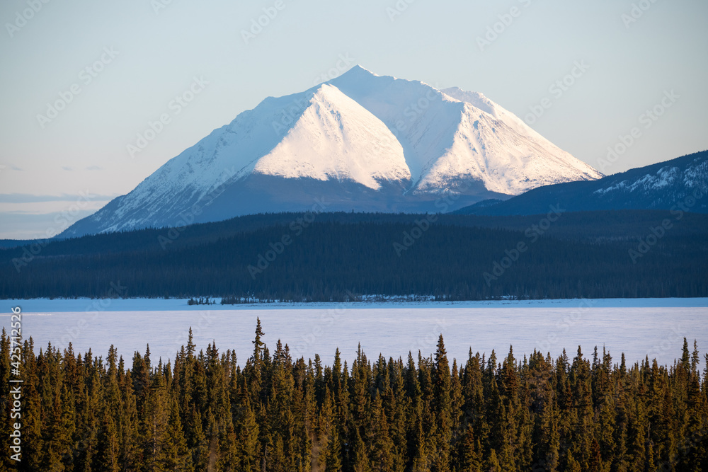 Stunning mountain landscape shown in background of frozen lake with woods, forest in foreground. Seen in northern Canada during spring time with perfect blue crisp sky. 