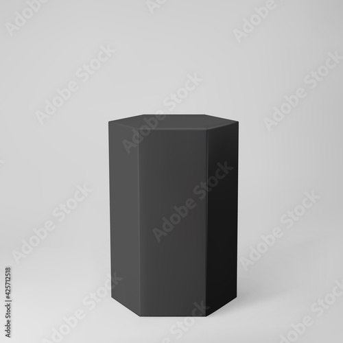 Black 3d hexagon podium with perspective isolated on grey background. Product podium mockup in hexagon shape, pillar, empty museum stage or pedestal. 3d basic geometric shape vector illustration