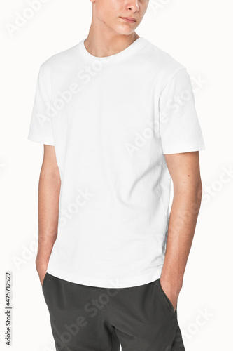 Teenage boy in white tee basic youth apparel shoot
