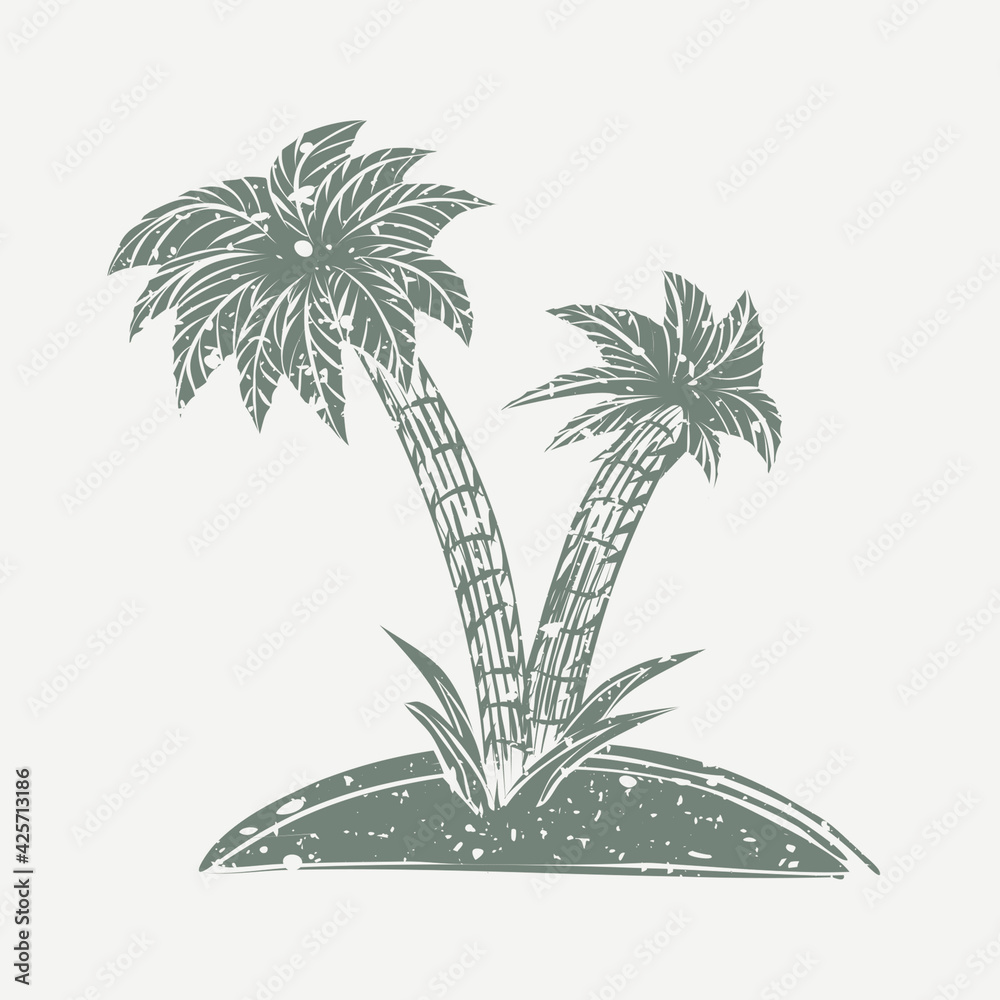 Muted green Island linocut in cute illustration