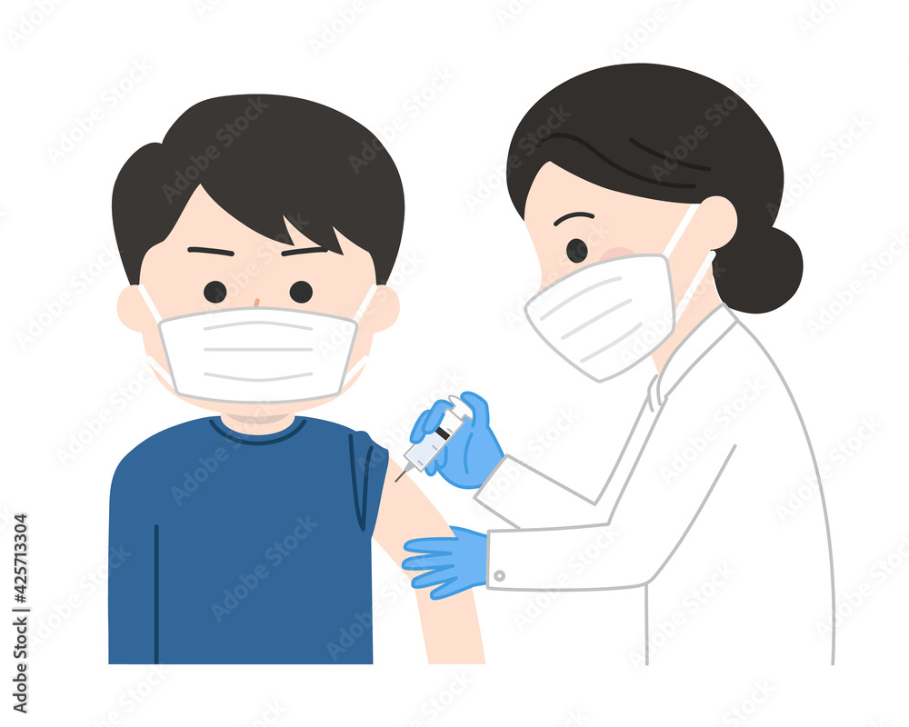 Man with a medical face mask receiving a vaccination. Vector illustration isolated on white background. Man with a medical face mask receiving a vaccination. Vector illustration isolated on white background.