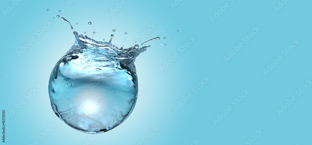 Water sphere with droplets and splash on blue background - obrazy, fototapety, plakaty 