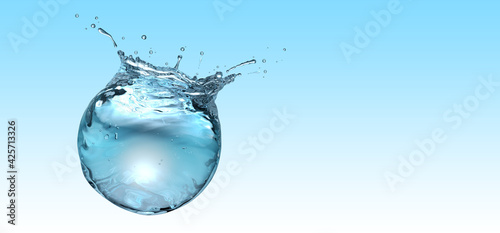 Water sphere with droplets and splash on blue gradient background